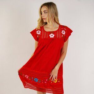 70s Mexican Babydoll Dress (L) red embroidered shift large vintage boho hippy